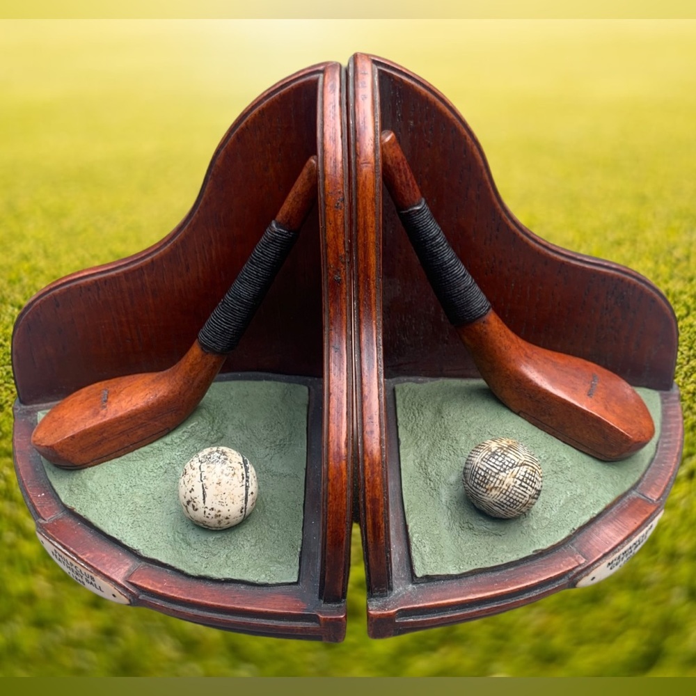 ENESCO VTG Golf Bookends Sculpture Philp Club Feathery McEwan Club Gutta Ball